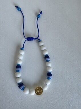 Handmade Adjustable San Benito Bracelet Blue White Beaded Unisex Catholic